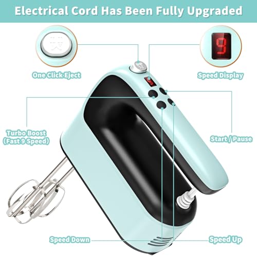 Yomelo 9-Speed Digital Hand Mixer Electric, 400W Powerful DC Motor, Baking Mixer Handheld with Snap-On Storage Case, Touch Button, Turbo Boost, Dough Hooks, Whisk (Ice Blue) - Image 2