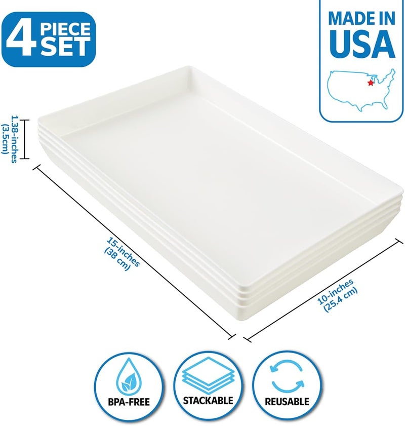 US Acrylic White Plastic Serving Trays Set of 4 15 x 10  Large Unbreakable Reusable Rectangular Party Platters  Serve Appetizers Fruit Veggies  Desserts  BPAFree  Made in USA - Image 2