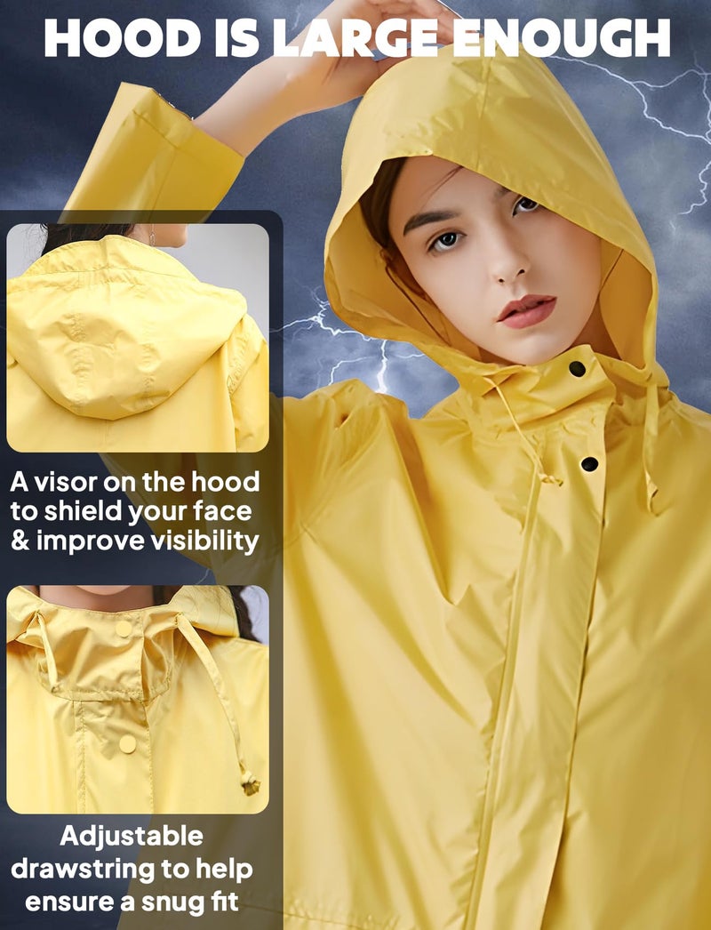ANYOO Women's Waterproof Raincoat Lightweight Rain Jacket Hooded Long Rain Coat with Pockets for Adults Outdoor Activities(Yellow) One Size - Image 4