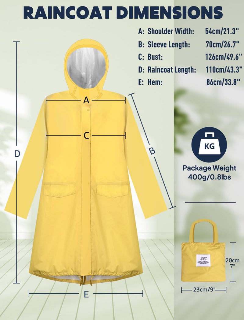 ANYOO Women's Waterproof Raincoat Lightweight Rain Jacket Hooded Long Rain Coat with Pockets for Adults Outdoor Activities(Yellow) One Size - Image 2