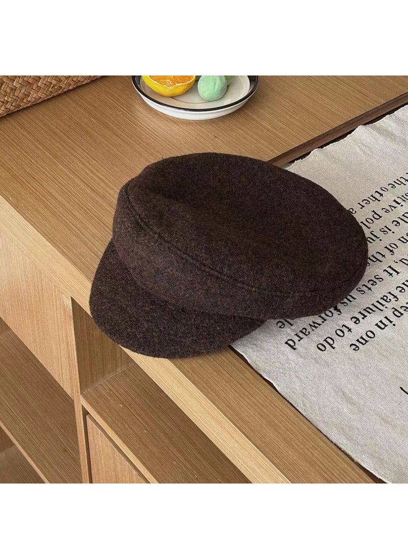 Generic - Womens Vintage British Style CoffeeWoolen Hats Breathable Solid Color Flat Top Painters Hat Child Duck Tongue Beret Coffee - Image 1