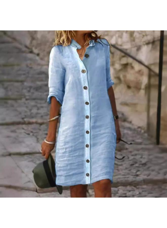 New European And American Women's Clothing Spring And Summer Shirt Collar Mid-sleeve Large Round Buckle Cotton And Linen Dress