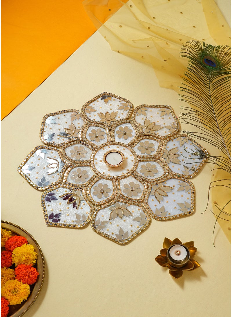 Madhoor Luxury Sequin Mirror Decorative Rangoli Design White Gold-Tone for Diwali, Pooja & Festive Floor Decor, 20 Inches, 1 Set - Image 1