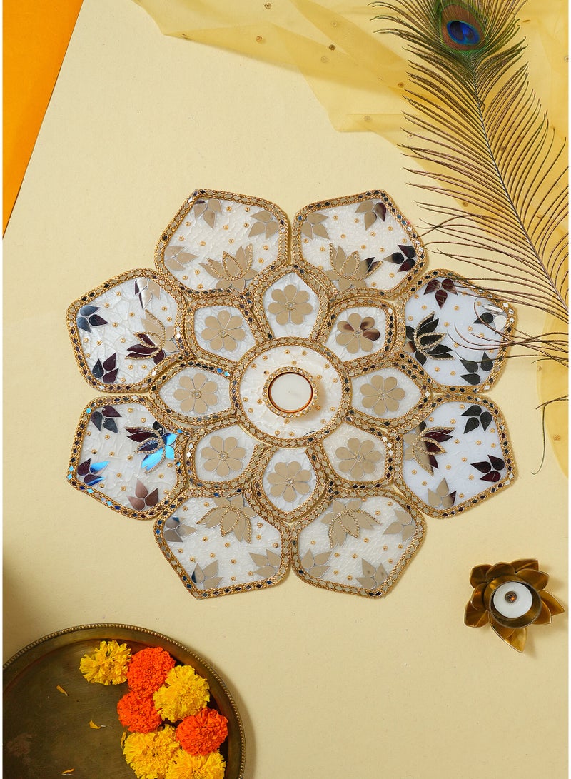 Madhoor Luxury Sequin Mirror Decorative Rangoli Design White Gold-Tone for Diwali, Pooja & Festive Floor Decor, 20 Inches, 1 Set - Image 2