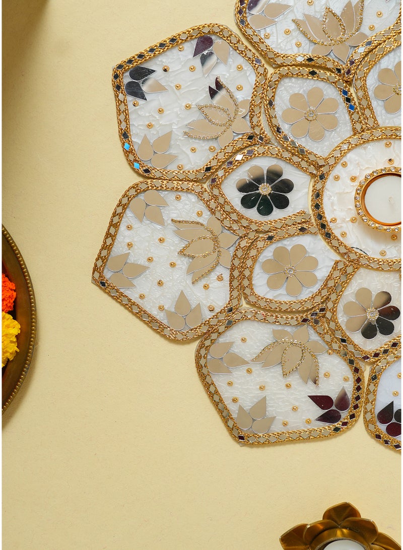 Madhoor Luxury Sequin Mirror Decorative Rangoli Design White Gold-Tone for Diwali, Pooja & Festive Floor Decor, 20 Inches, 1 Set - Image 3