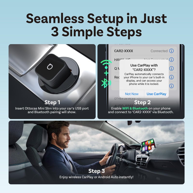 OTTOCAST 2026 Upgrade Mini Slim 3.0, 2-in-1 Wireless CarPlay & Android Auto Adapter, Plug & Play Dongle, Fast Auto-Reconnect, Dual-Band 5Ghz, for Cars with Wired CarPlay & Android auto (Black) - Image 4