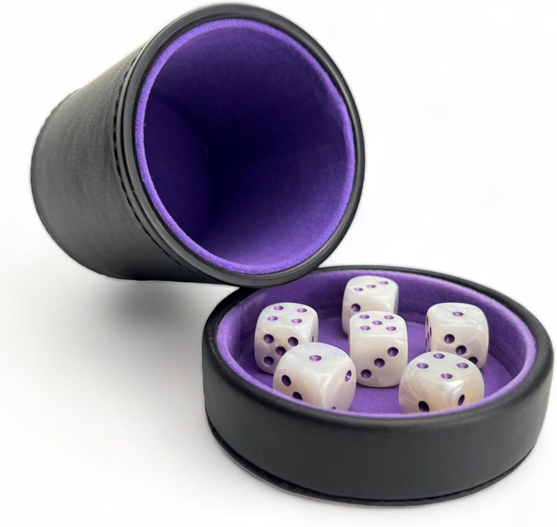 Leather Dice Cup with Lid Including 6 Matching White Pearl and Purple Dice - Purple Velvet Interior for Quiet Shaking - Use for Liars Dice Farkle Yahtzee Board Games, Black