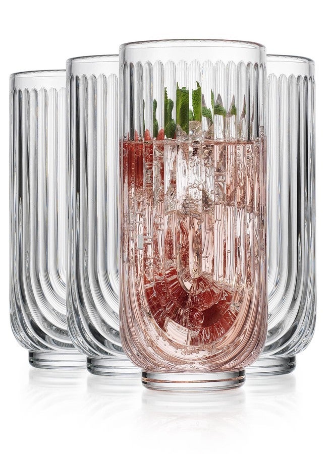 Glaver's Vintage Glassware Art Deco Glasse Ribbed Drinking Glasses U-Shape Arch Design Colored Cocktail Kitchen Tumblers Everyday Dinner Decorative Party (Clear S/4 17oz) - Image 1