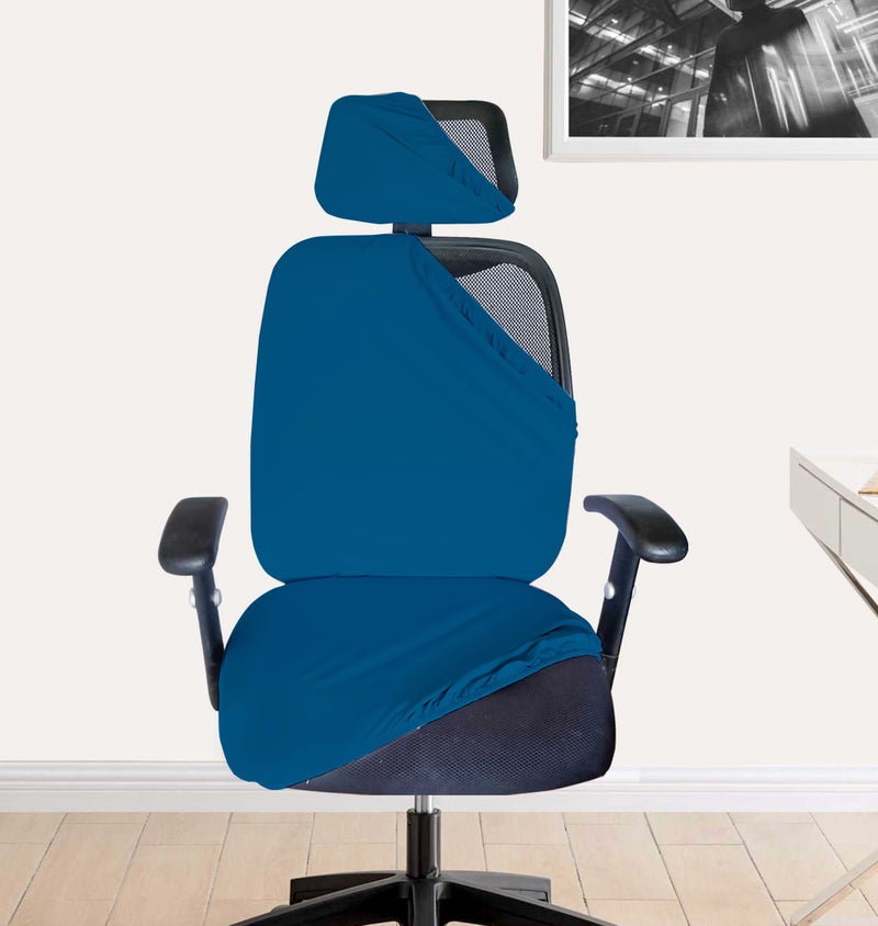 HOTKEI 3 Piece Airforce Blue Office Chair Cover with Headrest Cover 200GSM Fabric Stretchable Removable Computer Desk Executive Rotating Chair Seat Covers Slipcover Protector for Office Chair - Image 1