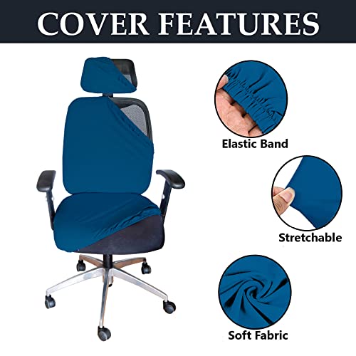 HOTKEI 3 Piece Airforce Blue Office Chair Cover with Headrest Cover 200GSM Fabric Stretchable Removable Computer Desk Executive Rotating Chair Seat Covers Slipcover Protector for Office Chair - Image 2