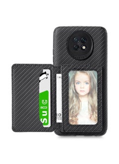 HuHa Case Cover For Xiaomi Redmi Note 9 5G Carbon Fiber Magnetic Card Bag TPU+PU Shockproof Back Cover Case with Holder & Card Slot & Photo Frame Black 
