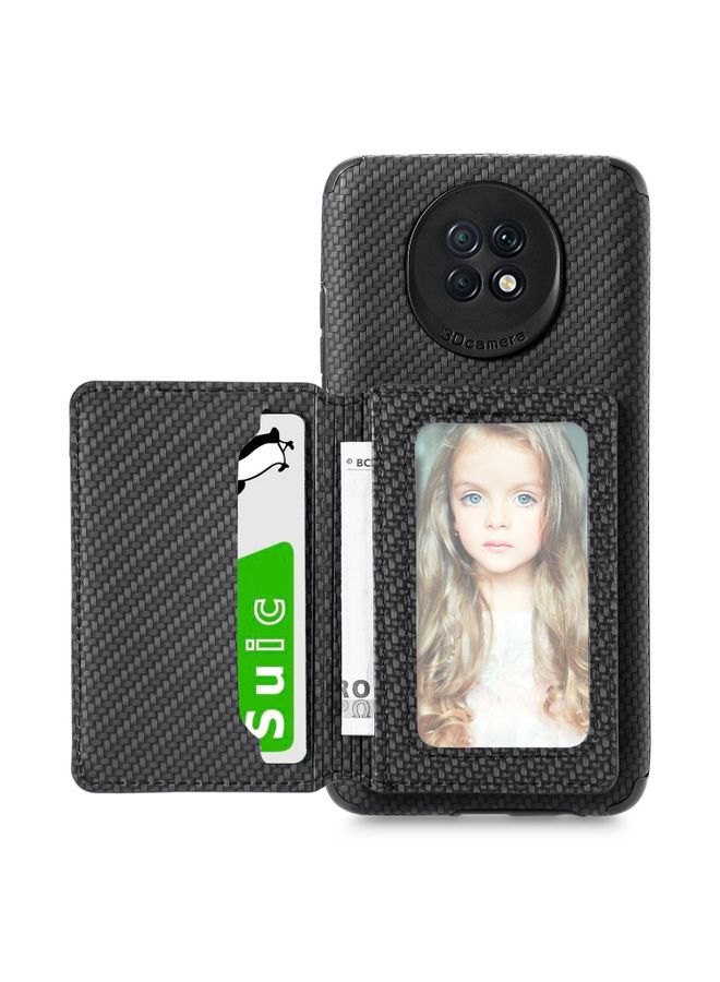 HuHa Case Cover For Xiaomi Redmi Note 9 5G Carbon Fiber Magnetic Card Bag TPU+PU Shockproof Back Cover Case with Holder & Card Slot & Photo Frame Black 