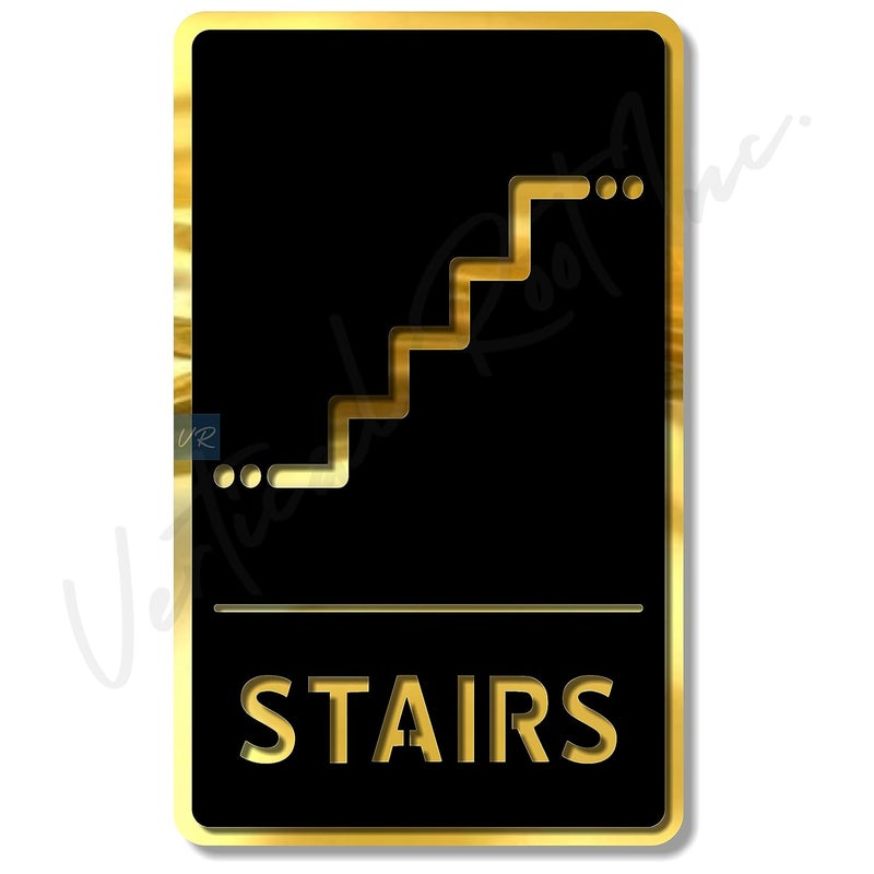 Vertical Root Inc ® STAIRS BLACK GOLD Self adhesive Sign 5.5 inch by 9 inch, Mall Business Stores Cafe Shop corporate Hospital Hotel School Office - Image 1