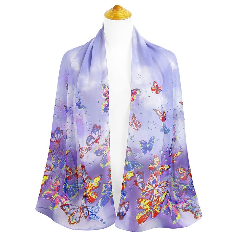E-Clover Chiffon Scarf for Women Lightweight Butterfly Print Scarves Cute Sheer Scarfs Wedding Shawl Evening Wrap Purple Costume Accessories Gift - Image 5