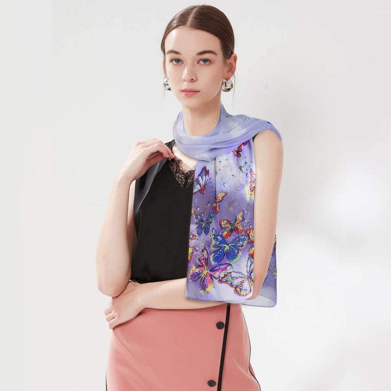 E-Clover Chiffon Scarf for Women Lightweight Butterfly Print Scarves Cute Sheer Scarfs Wedding Shawl Evening Wrap Purple Costume Accessories Gift - Image 3