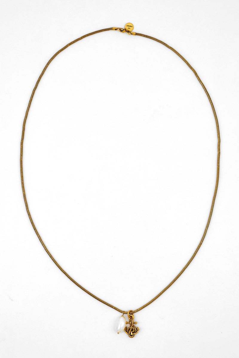 ALEX AND ANI Pearl  Anchor Pendant  Snake Chain Necklace 32 Inches, Gold  - Image 3