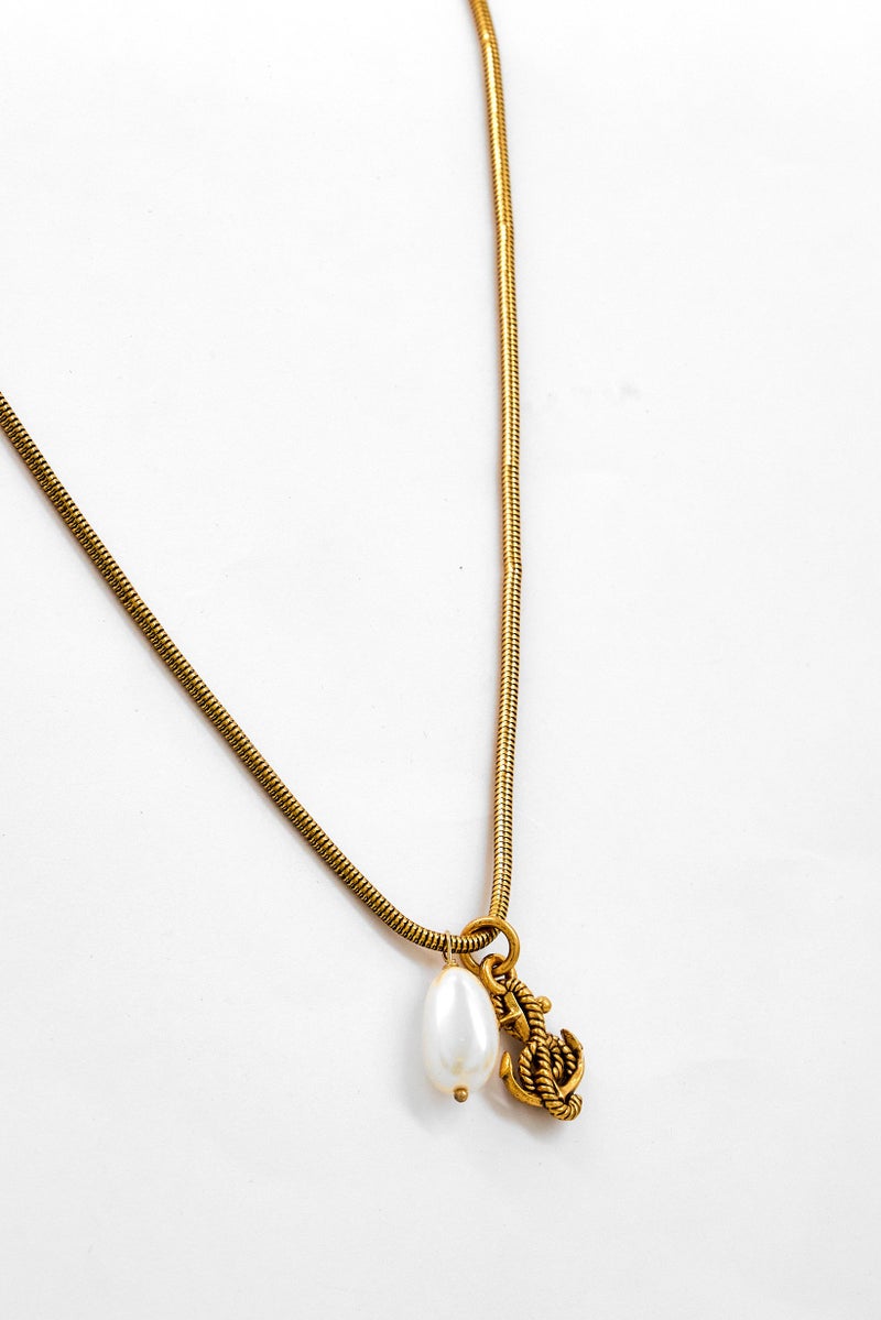 ALEX AND ANI Pearl  Anchor Pendant  Snake Chain Necklace 32 Inches, Gold  - Image 1