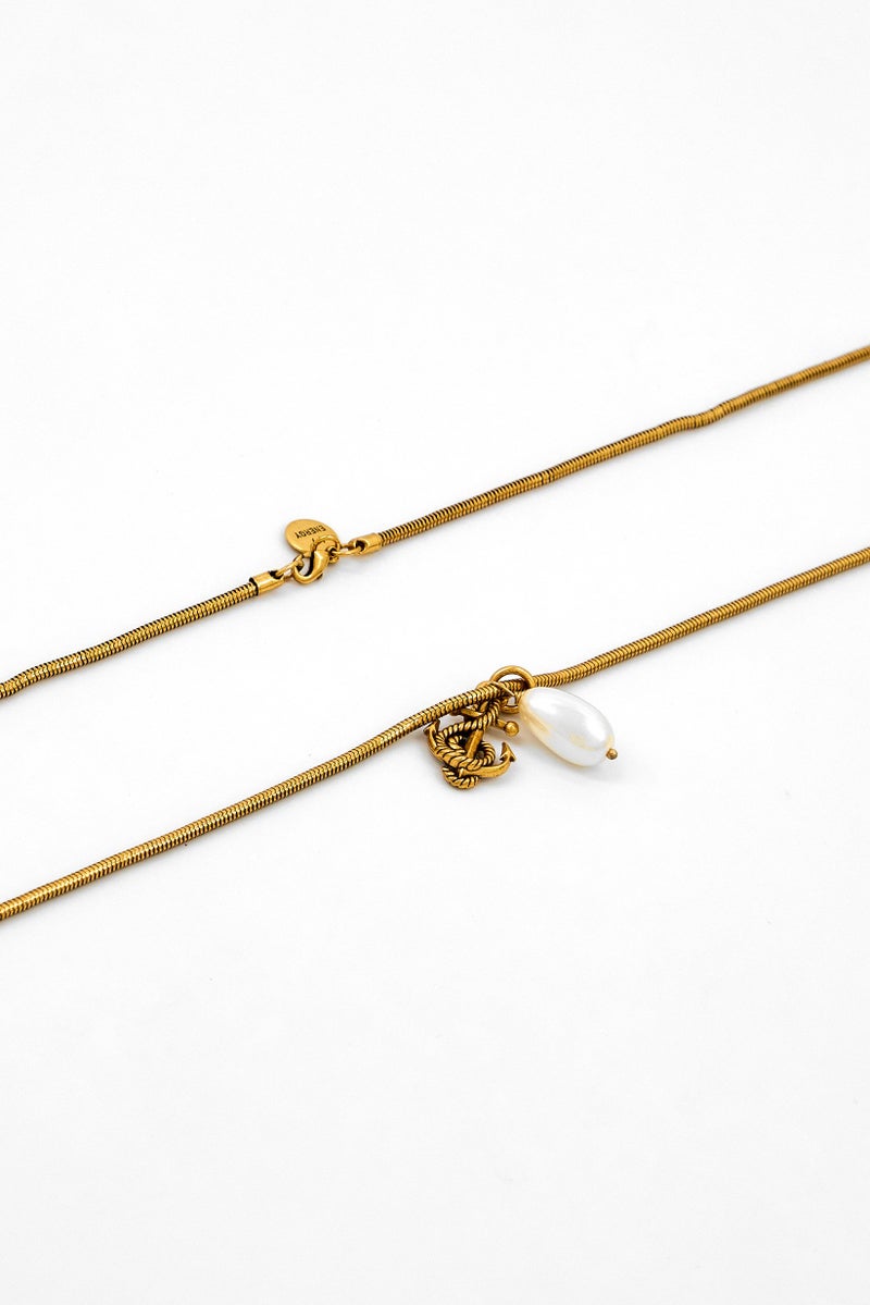ALEX AND ANI Pearl  Anchor Pendant  Snake Chain Necklace 32 Inches, Gold  - Image 2