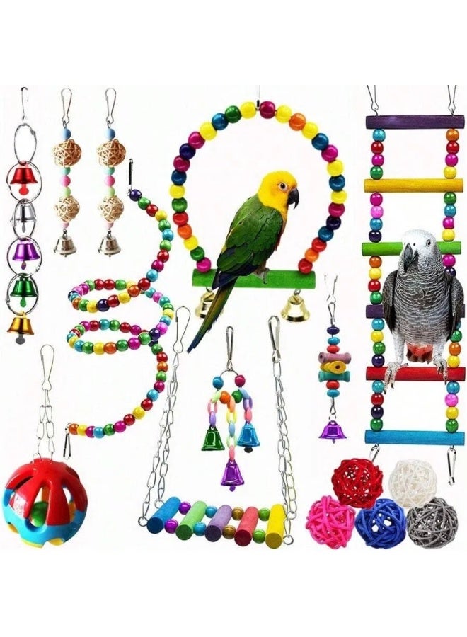 Colorful Bird Toy Set – Hanging Accessories for Parrots and Small Birds (Ladders, Bells, Swings & Balls) - Image 1