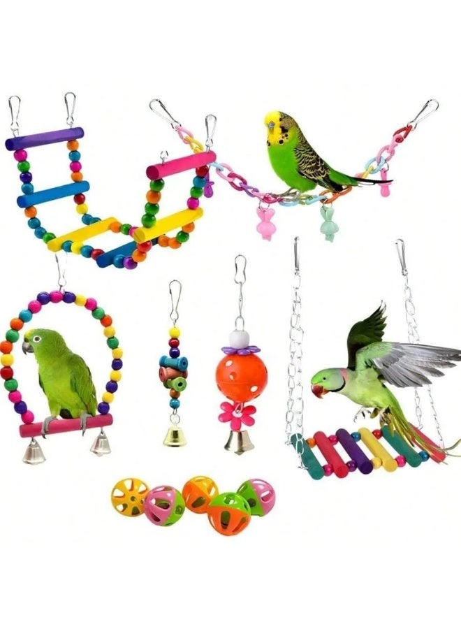 Colorful Bird Toy Set – Hanging Accessories for Parrots and Small Birds (Ladders, Bells, Swings & Balls) - Image 2