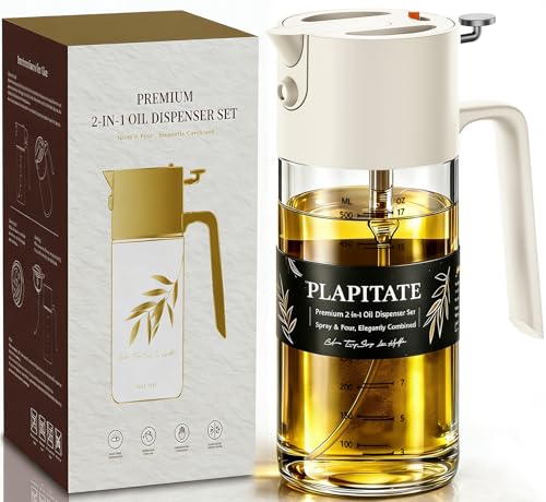 PLAPITATE 17oz/500ml Premium Olive Oil Sprayer for Cooking, 2 in 1 Glass Olive Oil Dispenser Bottle for Kitchen Gadgets, Spray Bottle with Portion Control for Salad, Frying, BBQ (White) - Image 1