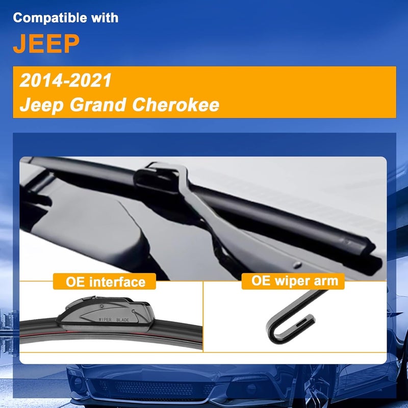 NOSKIN مجموعة شفرات مسح الزجاج الأمامي والخلفي لسيارة جيب جراند شيروكي (Jeep Grand Cherokee) للموديلات 2014-2021، بديل للمعدات الأصلية، مقاسات الشفرات: 22"/21"/11" (مجموعة من 3 قطع)، مزودة بخطاف من نوع U/J - Image 2