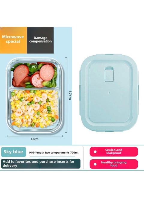 Custom Processing High Borosilicate Glass Lunch Box Three-piece Set Student Office Workers With Rice Bowl Microwave Oven Special Fresh-keeping Bowl-Specifications:Medium And Long Two-compartment Fresh-keeping Bowl 680ml-Color:Blue