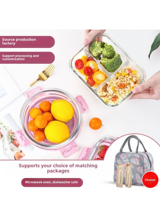Custom Processing High Borosilicate Glass Lunch Box Three-piece Set Student Office Workers With Rice Bowl Microwave Oven Special Fresh-keeping Bowl-Specifications:Medium And Long Two-compartment Fresh-keeping Bowl 680ml-Color:Blue