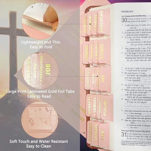Erilano Bible Index Tabs for Women - 80 Large Gold Foil Laminated Leather Paper Bible Study Journaling Supplies, 66 Old New Testament + 14 Blank Self-Stick Tabs Easy Navigation & Organization (Pink) - Image 2