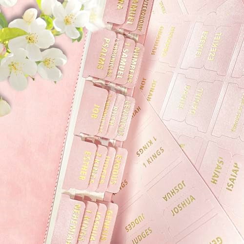 Erilano Bible Index Tabs for Women - 80 Large Gold Foil Laminated Leather Paper Bible Study Journaling Supplies, 66 Old New Testament + 14 Blank Self-Stick Tabs Easy Navigation & Organization (Pink) - Image 1