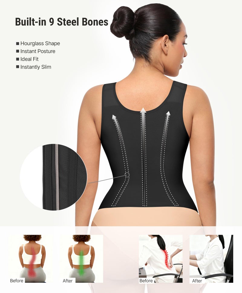 FeelinGirl Waist Trainer Corset for Women Lower Belly Fat Workout Vest with Zipper Hooks Tummy Control Shapewear Black - Image 5