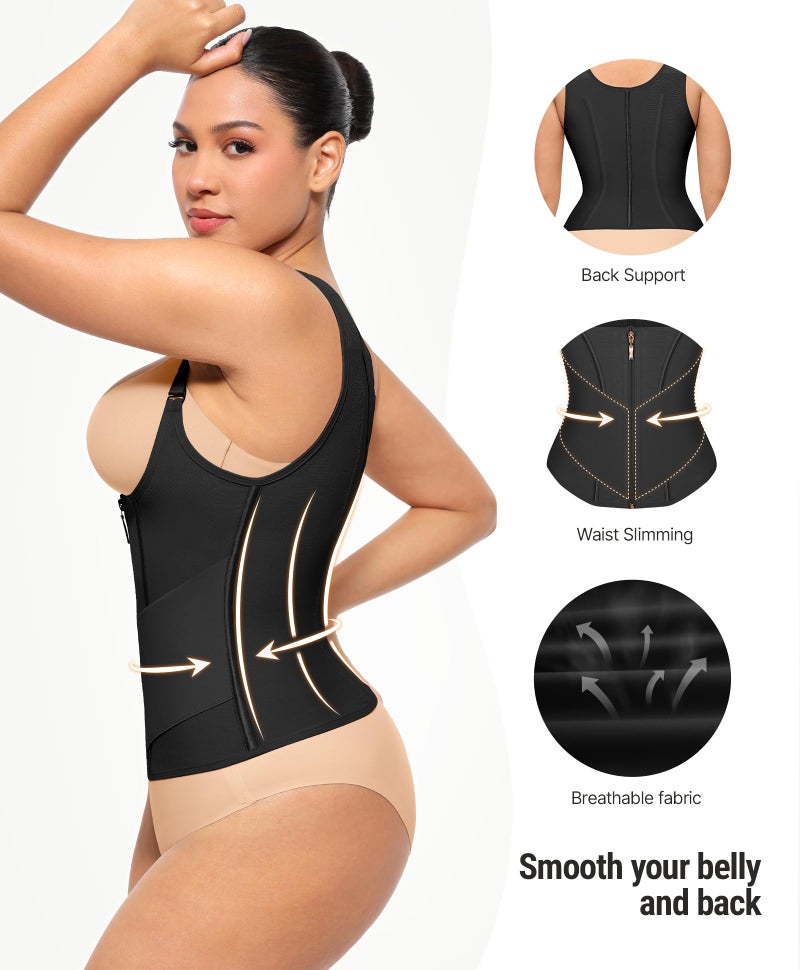FeelinGirl Waist Trainer Corset for Women Lower Belly Fat Workout Vest with Zipper Hooks Tummy Control Shapewear Black - Image 4