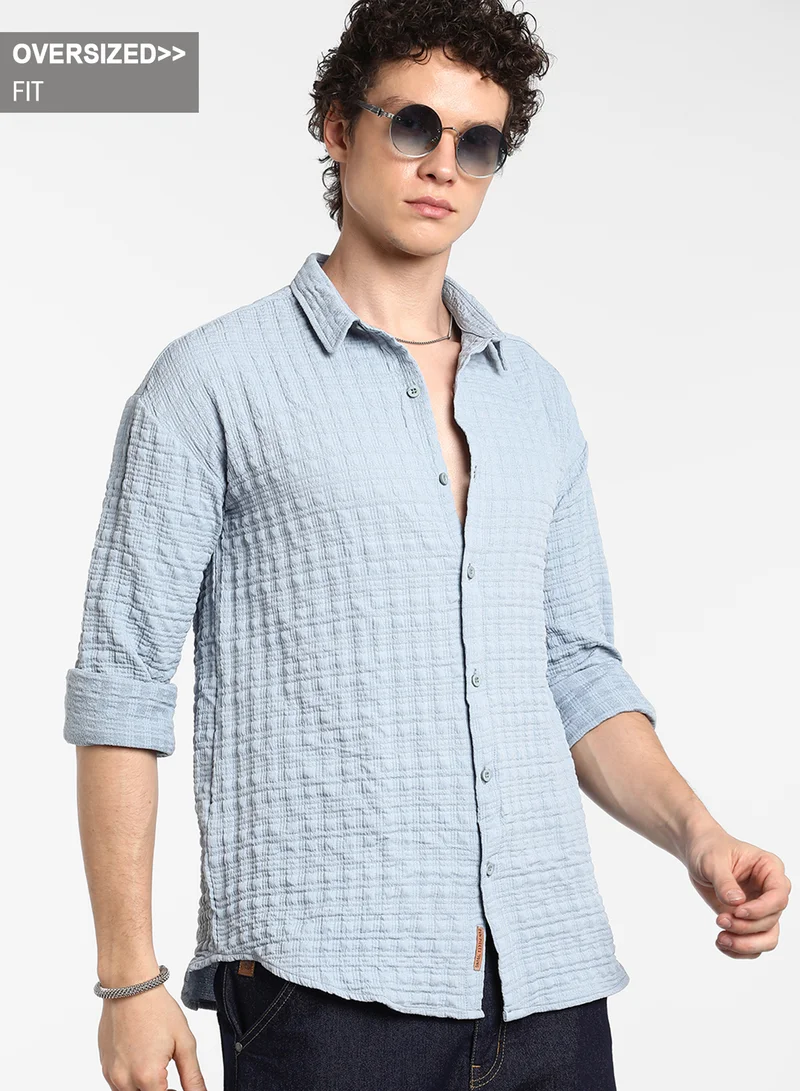 Campus Sutra Men's Cornflower Blue Box-Textured Oversized Shirt