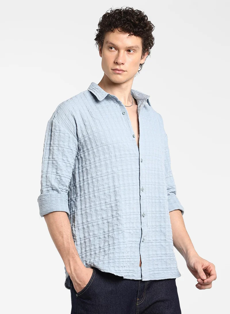 Campus Sutra Men's Cornflower Blue Box-Textured Oversized Shirt