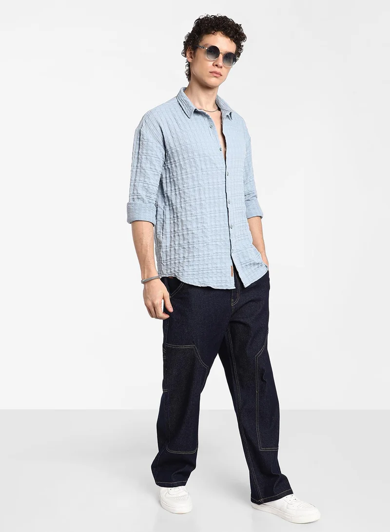 Campus Sutra Men's Cornflower Blue Box-Textured Oversized Shirt