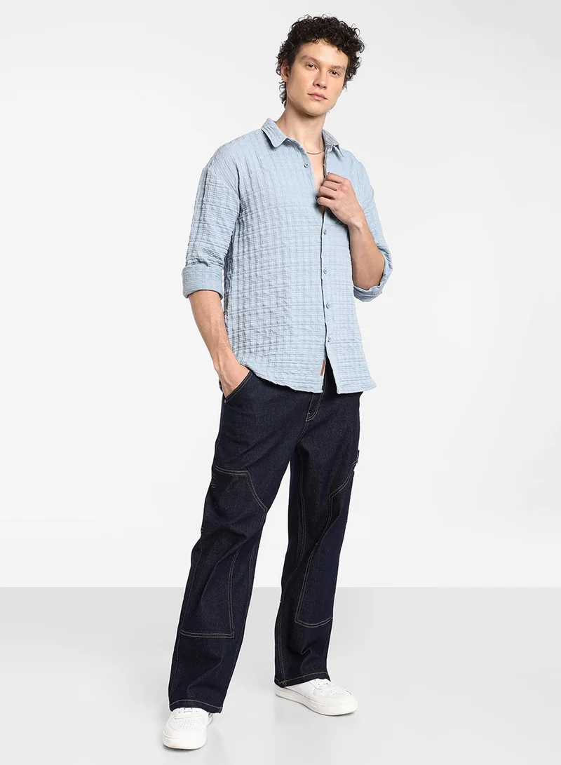 Campus Sutra Men's Cornflower Blue Box-Textured Oversized Shirt