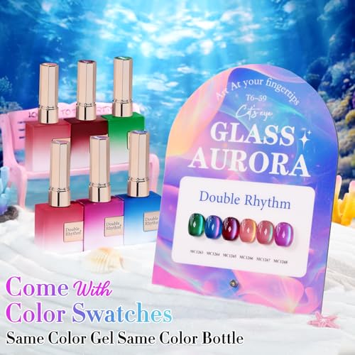Double Rhythm Cat Eye Gel Nail Polish Set of 6 Same Color Same Bottle 05 Oz Shimmer Glitter with Magnet Holographic Reflective Magnetic UV Nail Polish Kit at Home Glass Galaxy GreenT659 - Image 3