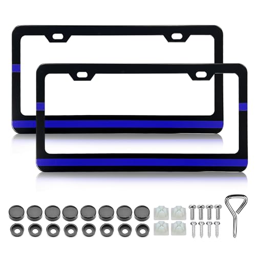 LIN KANG Personalized Blue Line Design License Plate Frame 2 Pack Aluminum Car Tags Frames Holder Covers Car Decorative Tag Frames Accessory for Standard US Canada with Screw Caps Cover Set - Image 1
