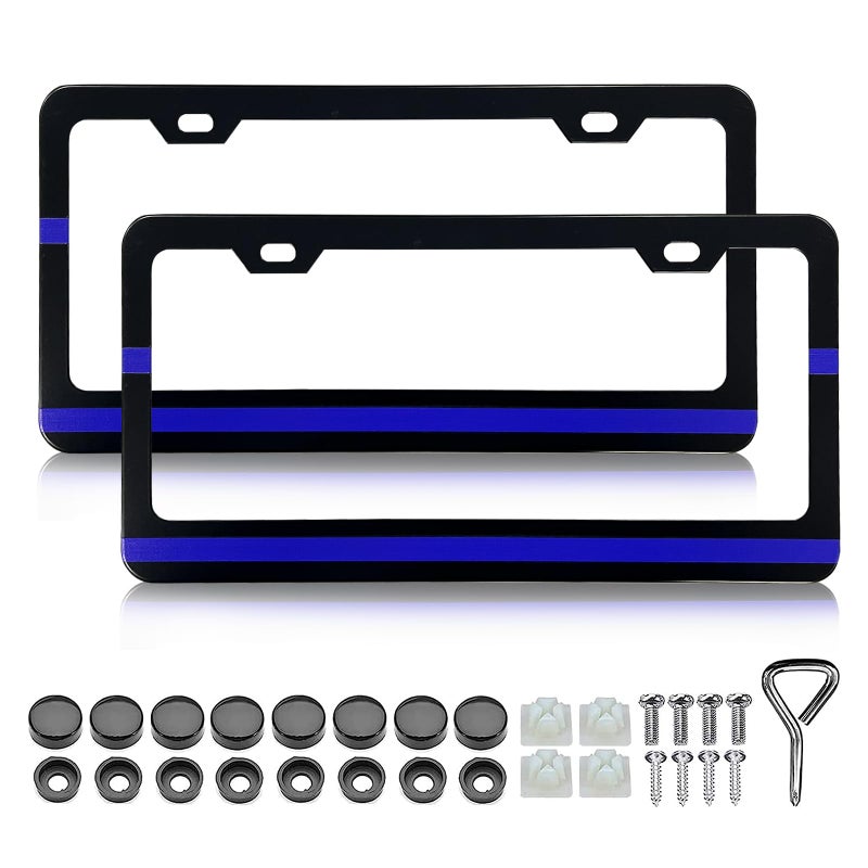 LIN KANG Personalized Blue Line Design License Plate Frame 2 Pack Aluminum Car Tags Frames Holder Covers Car Decorative Tag Frames Accessory for Standard US Canada with Screw Caps Cover Set - Image 3