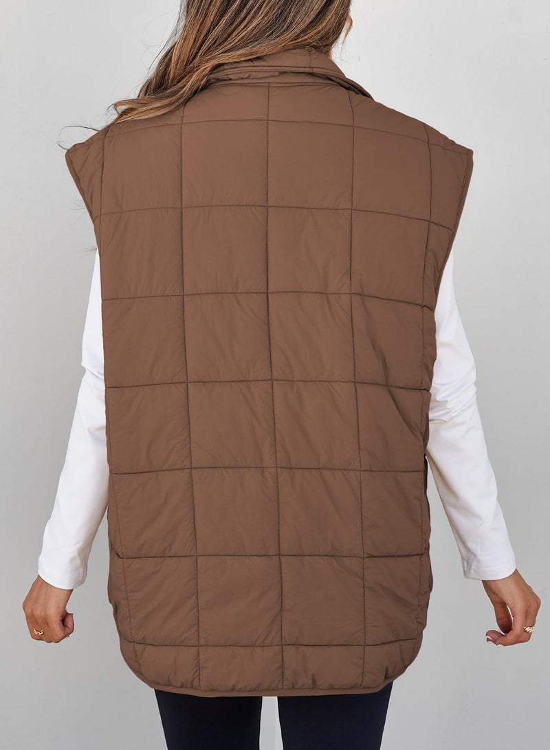 EVALESS Womens Puffer Vest Quilted Zip Up Cap Sleeve Jackets Lightweight Fall Teacher Outfits for Women 2025 Trendy Warm Winter Coats With Pockets Coffee Small - Image 4