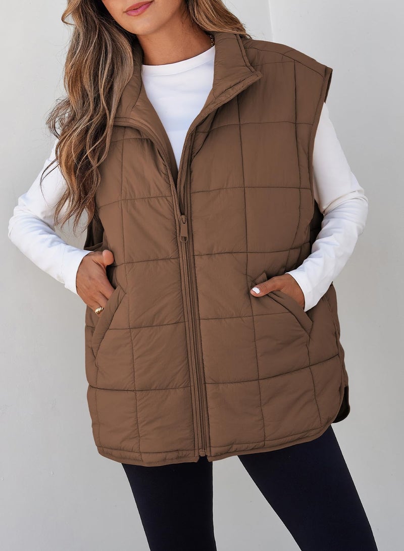 EVALESS Womens Puffer Vest Quilted Zip Up Cap Sleeve Jackets Lightweight Fall Teacher Outfits for Women 2025 Trendy Warm Winter Coats With Pockets Coffee Small - Image 2