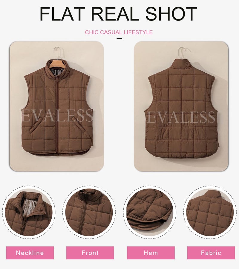 EVALESS Womens Puffer Vest Quilted Zip Up Cap Sleeve Jackets Lightweight Fall Teacher Outfits for Women 2025 Trendy Warm Winter Coats With Pockets Coffee Small - Image 5