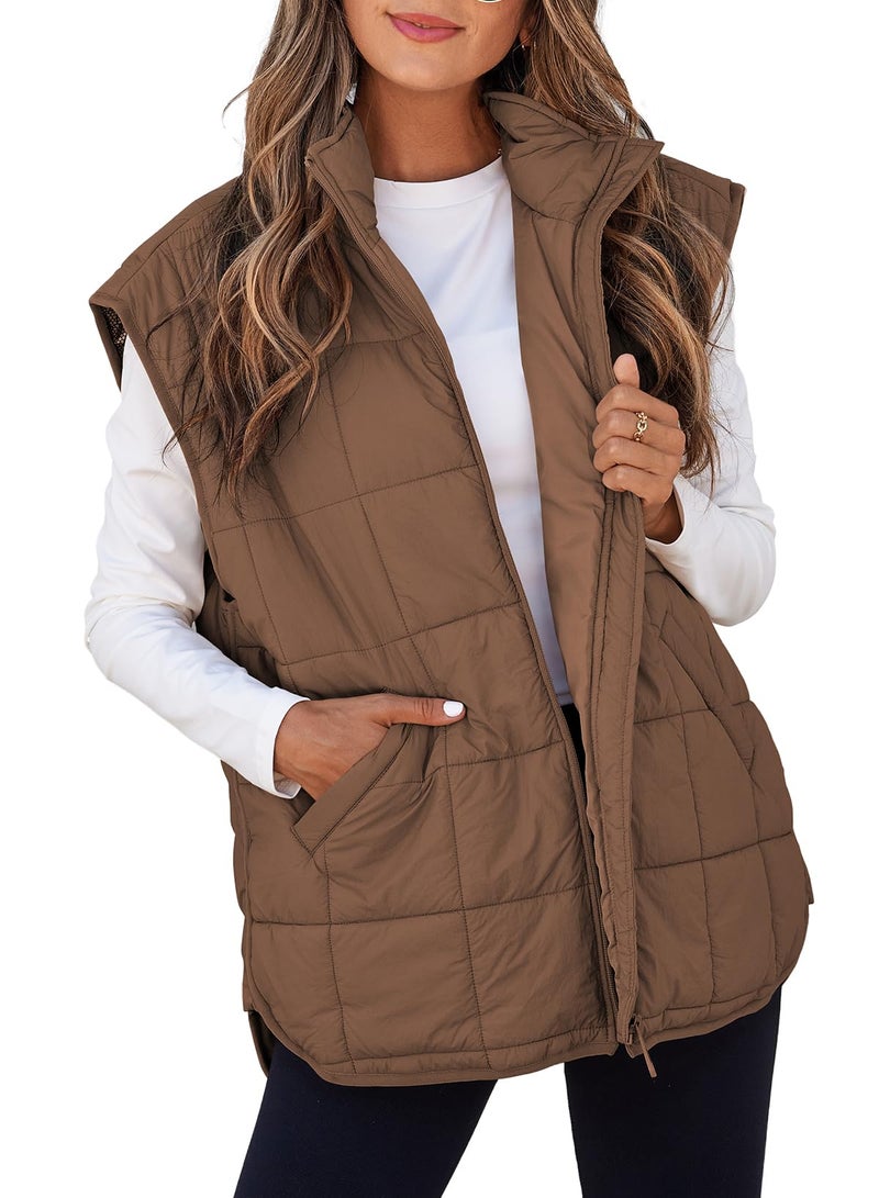 EVALESS Womens Puffer Vest Quilted Zip Up Cap Sleeve Jackets Lightweight Fall Teacher Outfits for Women 2025 Trendy Warm Winter Coats With Pockets Coffee Small - Image 1