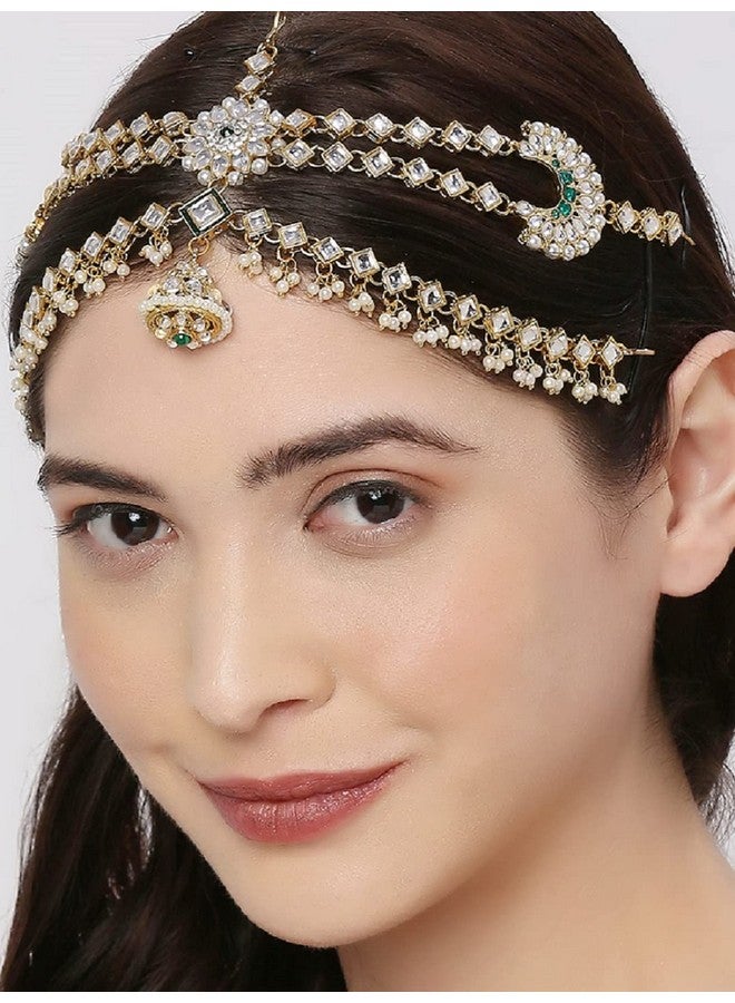 Oomph! OOMPH Jewellery Gold Tone Kundan and Pearls Traditional Wedding Bridal Borla Sheeshphool Maangtikka Matha Patti For Women & Girls Stylish Latest (DDP19_AMR3) - Image 3