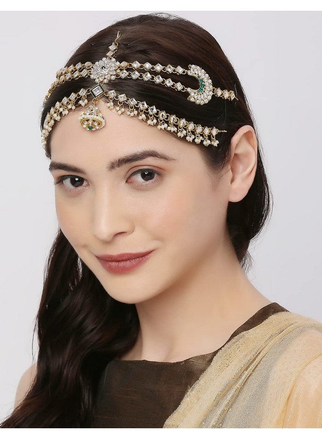 Oomph! OOMPH Jewellery Gold Tone Kundan and Pearls Traditional Wedding Bridal Borla Sheeshphool Maangtikka Matha Patti For Women & Girls Stylish Latest (DDP19_AMR3) - Image 5