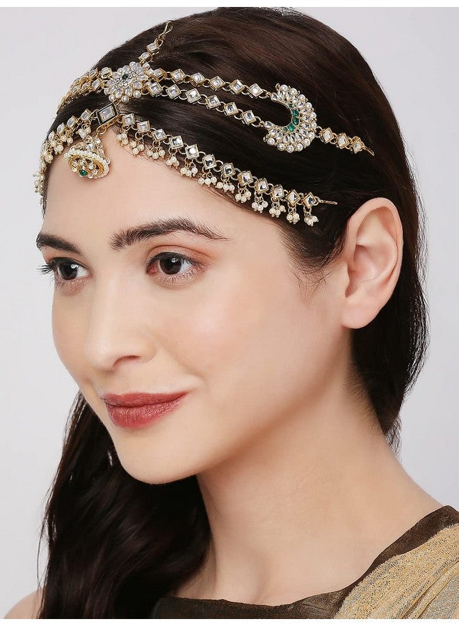Oomph! OOMPH Jewellery Gold Tone Kundan and Pearls Traditional Wedding Bridal Borla Sheeshphool Maangtikka Matha Patti For Women & Girls Stylish Latest (DDP19_AMR3) - Image 4