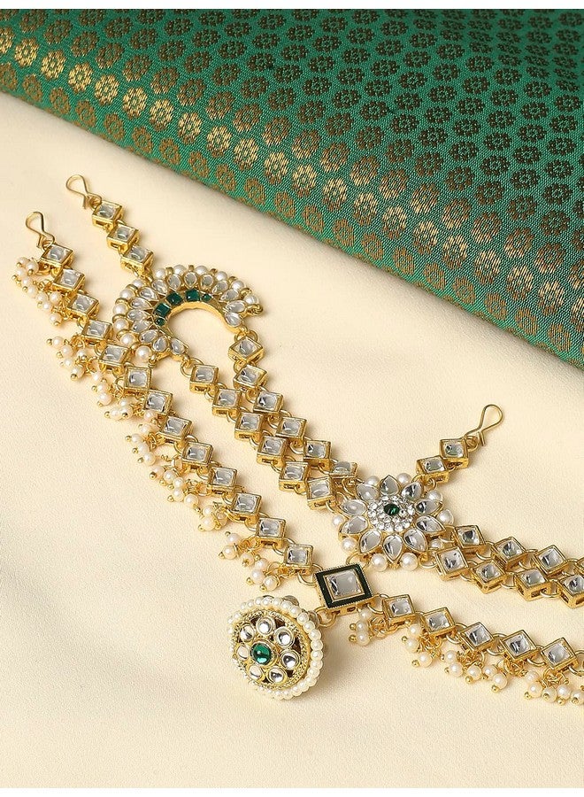 Oomph! OOMPH Jewellery Gold Tone Kundan and Pearls Traditional Wedding Bridal Borla Sheeshphool Maangtikka Matha Patti For Women & Girls Stylish Latest (DDP19_AMR3) - Image 2
