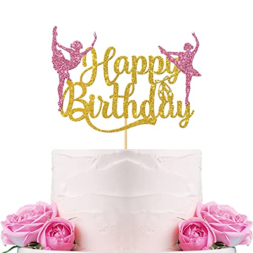 WeBenison Glitter Ballet Happy Birthday Cake Topper Ballerina Girl Dancing Cake Supplies Ballerina Girls Birthday Party Decorations Ballet Dancer Cake Topper Gold Pink - Image 1