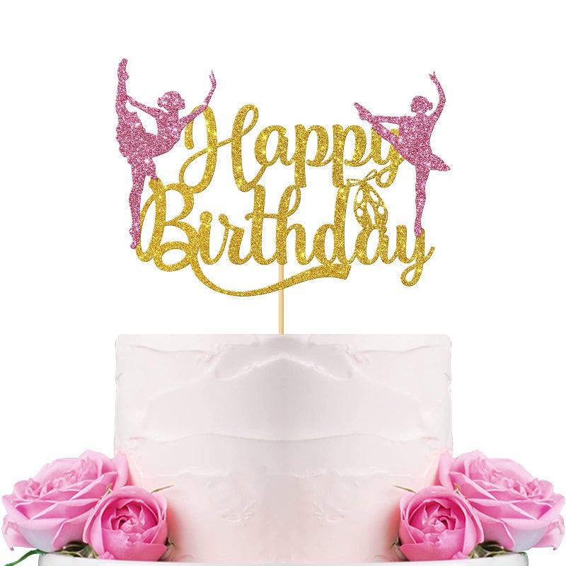 WeBenison Glitter Ballet Happy Birthday Cake Topper Ballerina Girl Dancing Cake Supplies Ballerina Girls Birthday Party Decorations Ballet Dancer Cake Topper Gold Pink - Image 2
