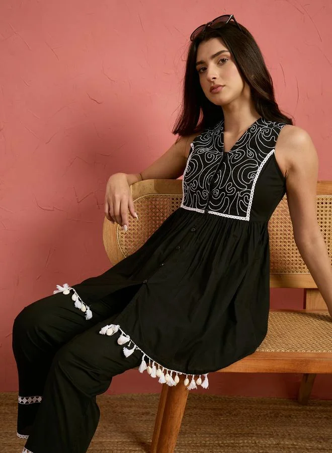 Sassafras Black Embroidered Sleeveless Top and Pencil Pants Set
